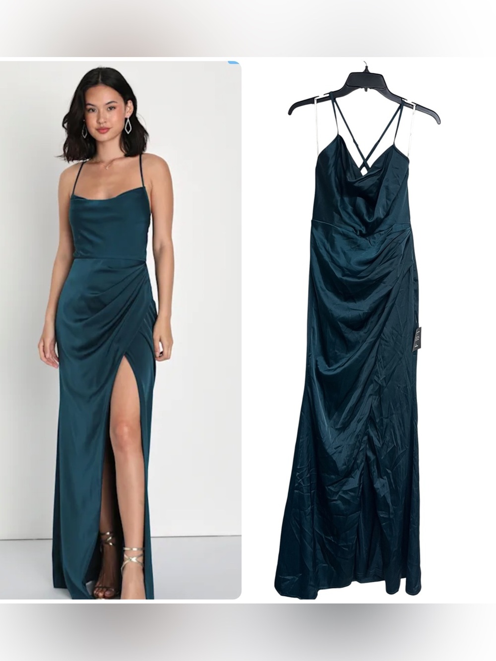 New Lulus Moments of Beauty Dark Teal Satin Cowl Neck Tulip Maxi Dress